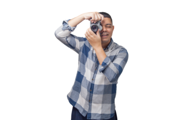 Portrait of photographer with vintage camera on neutral background. Photographer concept. Portrait concept. Copy space.