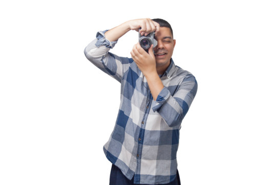 Portrait of photographer with vintage camera on neutral background. Photographer concept. Portrait concept. Copy space.