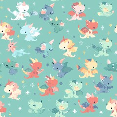 A seamless vector pattern of chibi fantasy creatures. Illustrate various chibi creatures such as dragons, unicorns, elves, and fairies. Each creature should be depicted in an adorable, cartoonish