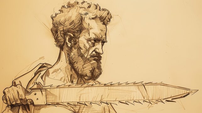 Illustration of Apostle Simon the Zealot with Book and Fish, Biblical Scene on Beige Background with Copyspace