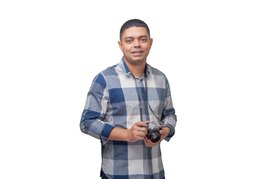 Portrait of photographer with vintage camera on neutral background. Photographer concept. Portrait concept. Copy space.