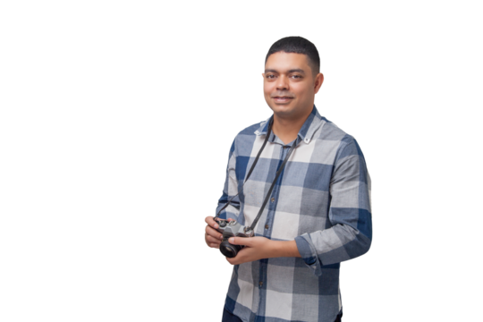 Portrait of photographer with vintage camera on neutral background. Photographer concept. Portrait concept. Copy space.