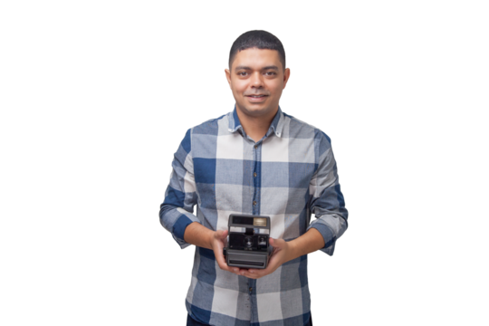 Portrait of photographer with vintage camera on neutral background. Photographer concept. Portrait concept. Copy space.