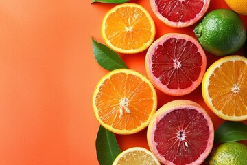Many different citrus fruits on color background