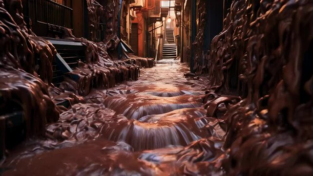  Chocolate river, splashes. Chocolate Day. Dessert