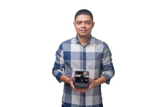 Portrait of photographer with vintage camera on neutral background. Photographer concept. Portrait concept. Copy space.