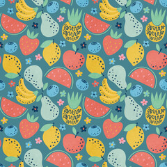 Fruits seamless pattern. Cartoon colorful background with fruit in simple hand drawn style. Pastel trendy colors background for children. Summer print. Perfect for stationery, fabric, packaging.
