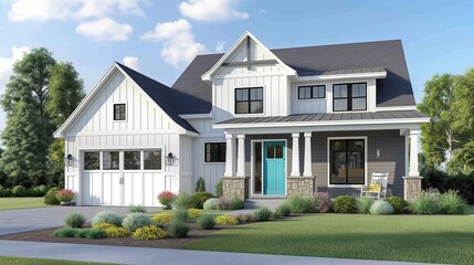 Gray new construction modern cottage home with hardy board siding and teal door, featuring excellent curb appeal.
