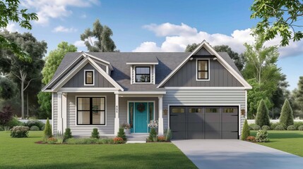 Obraz premium Gray new construction modern cottage home with hardy board siding and teal door, featuring excellent curb appeal.