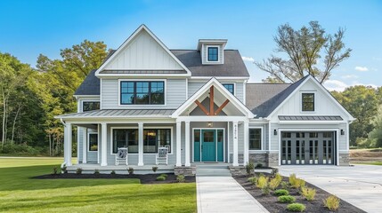 Gray new construction modern cottage home with hardy board siding and teal door, featuring excellent curb appeal.