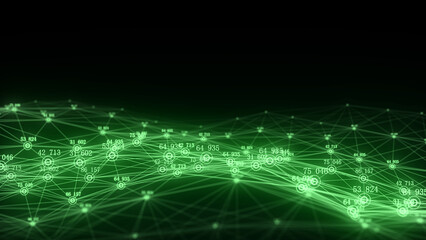 Abstract technology wave of particles and lines. Big data visualization. Background with motion dots. Artificial intelligence.