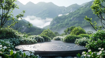 Misty Mountain Landscape with Stone Platform
