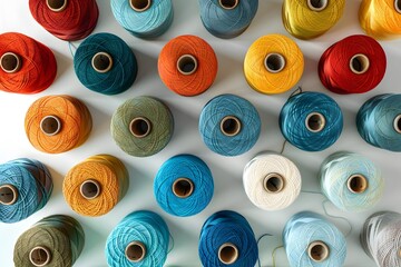 Close up spools yarn on table