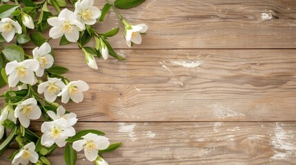 A flat lay image of white jasmine flowers with green leaves arranged on a light brown wooden tabletop background