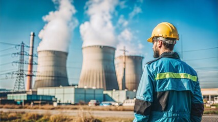 worker in working costume and working helmet  in front of nuclear power plant on blue background