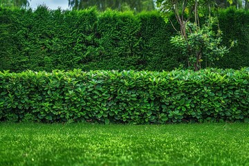 trimmed hedge of evergreen thuja in front of a green lawn with a deciduous bush with mulch, landscape on summer day with copy space, nobody.