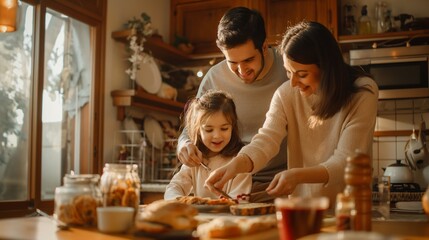 Family shot with parents and daughter at home having breakfast, spreading jam on bread at the table.