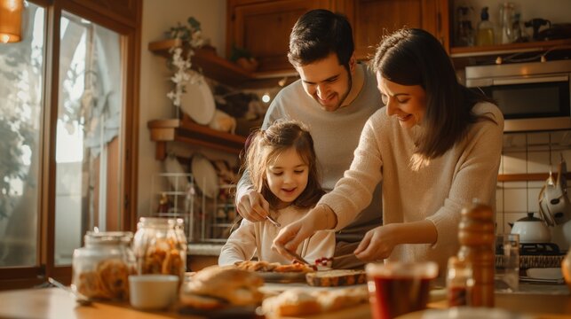 Family shot with parents and daughter at home having breakfast, spreading jam on bread at the table.