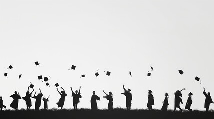 Naklejka premium Education, graduation, and people concept - silhouettes of many happy students in gowns throwing mortarboards in air.