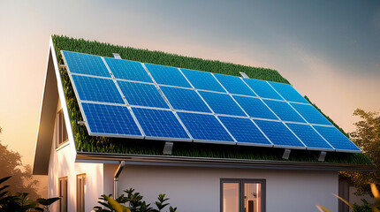 Fototapeta premium sleek photovoltaic panel on a modern green-roofed house, set amidst a warm sunset backdrop with a clear blue sky, amidst a subtle, nuanced haze, showcasing a blend of technology and ecology; the panel
