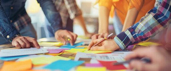 Close up of a team of people working together on a project at an office table