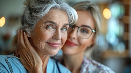 An elderly woman and a younger caregiver sharing a warm, affectionate moment in a homely setting, highlighting the bond, care, and support between generations in caregiving.