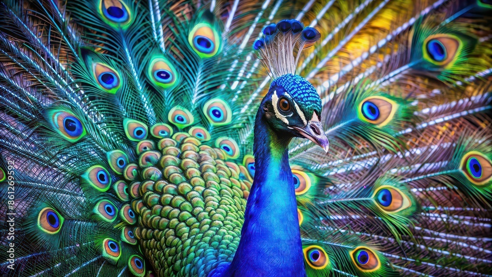 Wall mural Abstract blue peacock with vibrant feathers and elegant display, peacock, abstract, blue, feathers, colorful, elegant, nature