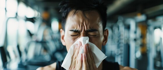 Unwell Asian Man Coughing in Gym with Tissue, Modern Equipment, Pained Expression, Bright Lighting