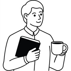 man silhouette holding book and coffee