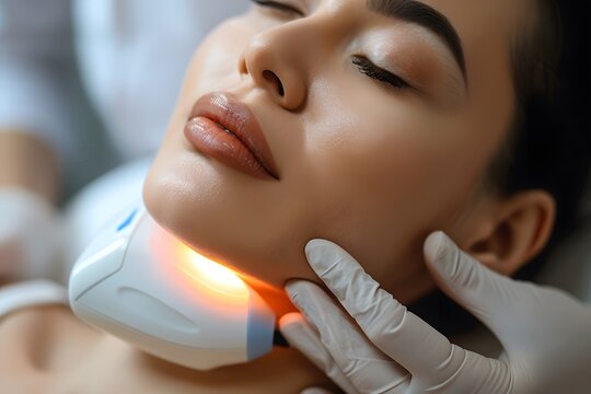 Focused woman undergoing laser therapy at spa