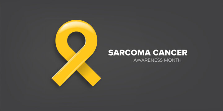 Sarcoma cancer awareness month concept horizontal banner design template with yellow ribbon and text isolated on grey background. July is Sarcoma cancer awareness month vector flyer or poster
