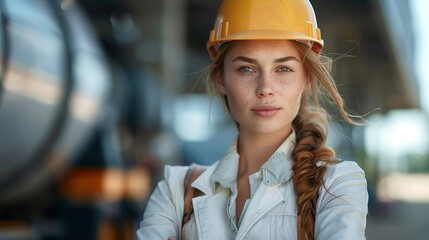 A woman wearing a hard hat stands confidently at a construction site, representing strength, professionalism, and dedication in a traditionally male-dominated field.
