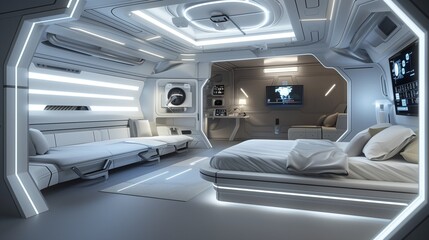 A guest room with a sleek, high-tech design, featuring smart home gadgets, minimalist furniture, and a futuristic bed with integrated lighting.