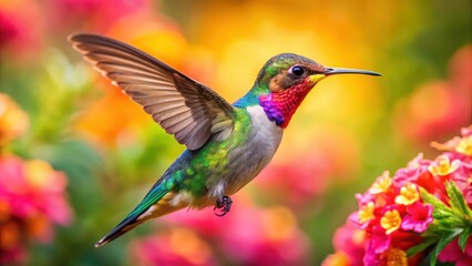 Fototapeta premium Vibrant close-up image of a colorful hummingbird hovering near a blooming flower, hummingbird, bird, nature