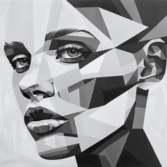 Geometric Abstract Black and White Portrait of a Woman with Detailed Facial Features and Sharp Angular Shapes