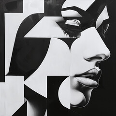 Abstract Black and White Geometric Portrait of a Woman with Stylized Facial Features and Bold Contrast