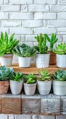 Fototapeta premium A white kitchen countertop with a white brick wall backdrop, featuring succulents in white pots, white kitchenware, and wooden cutting boards