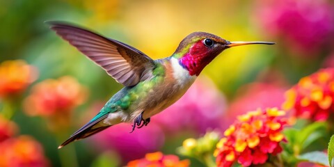 Fototapeta premium Vibrant close-up image of a colorful hummingbird hovering near a blooming flower, hummingbird, bird, nature