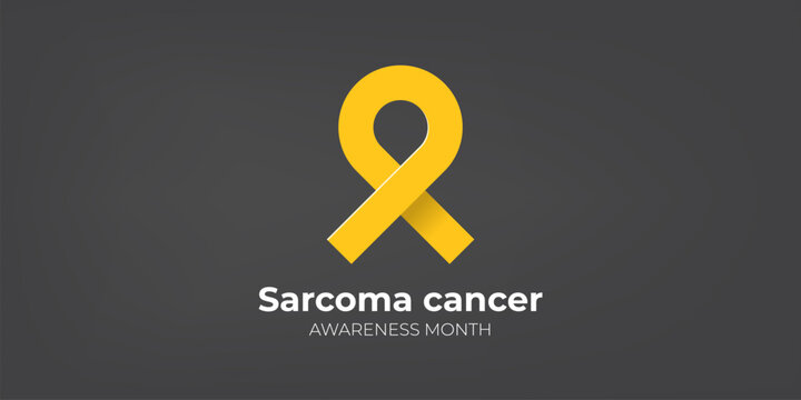 Sarcoma cancer awareness month concept horizontal banner design template with yellow ribbon and text isolated on grey background. July is Sarcoma cancer awareness month vector flyer or poster