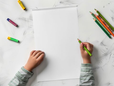 Top view of a child drawing on blank paper with vibrant colored crayons, representing creativity and learning.