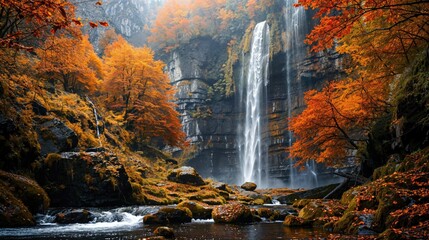 Inspirational Travel Wallpaper with a Beautiful Waterfall, Surrounded by Autumnal Trees. Nature Background with Fall Foliage.