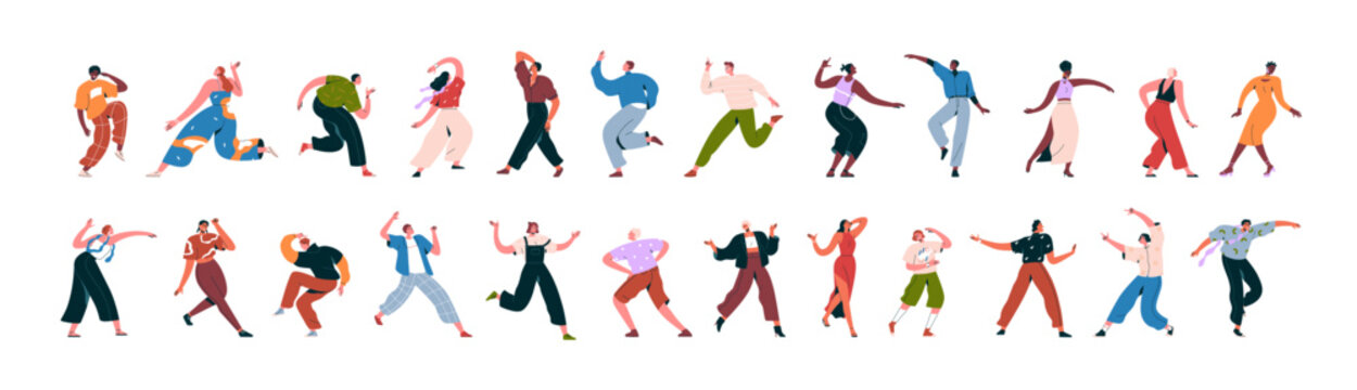 Dancing people set. Happy man and woman having fun at party. Excited joyful young characters moving, energetic positions. Disco movements. Flat vector illustrations isolated on white background