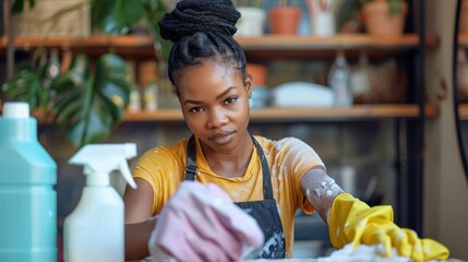 A determined woman wearing gloves and holding a cleaning spray is focused on her task inside a well-lit room, surrounded by various houseplants and cleaning supplies.