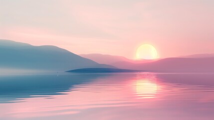 Aesthetic background wallpaper featuring a minimalist sunset over a serene lake, with soft pastel colors and gentle reflections on the water.