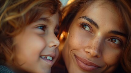 Obraz premium A tender moment between a mother and her child as they smile warmly at each other, capturing a sense of love, connection, and joy in an intimate, softly lit setting.