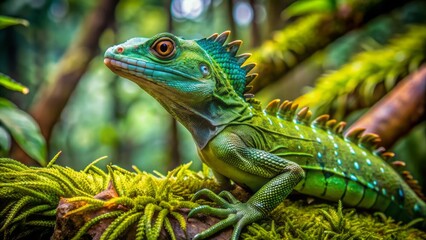 Fototapeta premium Vibrant green basilisk lizard perches on a moss-covered branch amidst lush exotic foliage in a serene tropical rainforest environment.