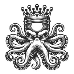 Fierce octopus with a crown, tattoo line art illustration.