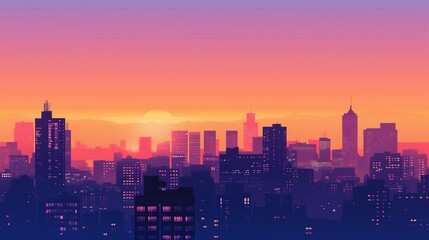Fototapeta premium Aesthetic background of a minimalist city skyline at dusk, with building silhouettes against a gradient sky in warm tones of orange, pink, and purple.