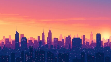 Obraz premium Aesthetic background of a minimalist city skyline at dusk, with building silhouettes against a gradient sky in warm tones of orange, pink, and purple.