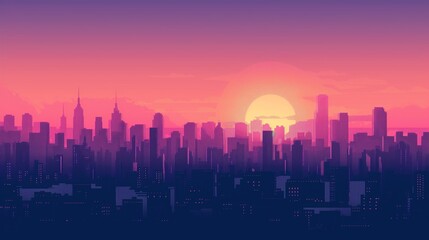 Fototapeta premium Aesthetic background of a minimalist city skyline at dusk, with building silhouettes against a gradient sky in warm tones of orange, pink, and purple.